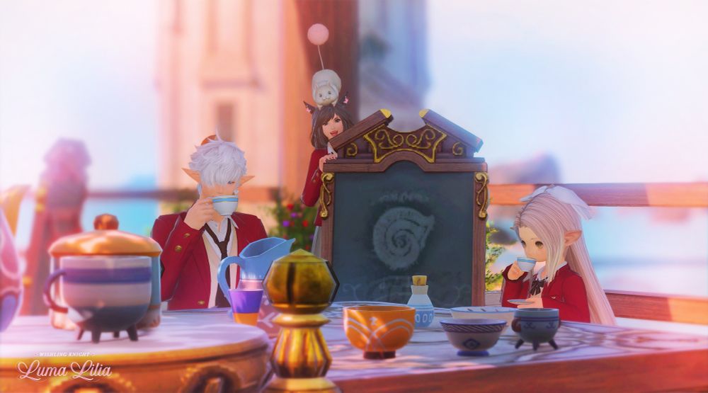 Alphi and Lala are sipping tea, looking slightly uncomfortable. In the background, Artemis and Calla hide behind a sign. Artemis looks please with herself.