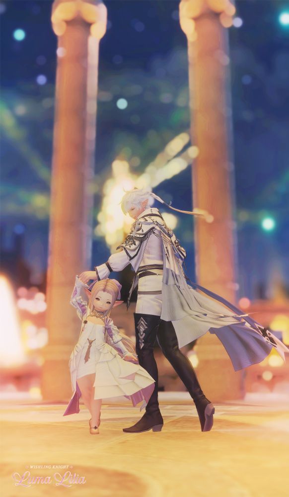 alphinaud twirls ulala around as they dance in a golden palace courtyard, stars and lights glowing in the sky.