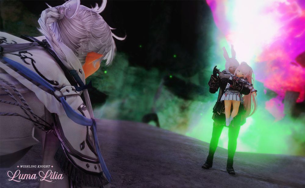 Laplace (m viera with silver hair) holds a limp Luma Lilia (f lalafell with pink hair). Alphinaud's back is to the camera, looking at Laplace. The environment is glowing green and magenta.