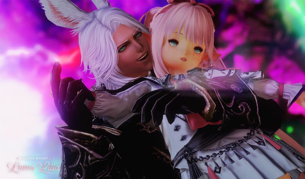 Laplace (m viera with silver hair) holds a limp Luma Lilia (f lalafell with pink hair). Her eyes are unfocused and glowing green. Laplace holds her close, raising on of her hands in his own. close up from a low angle.