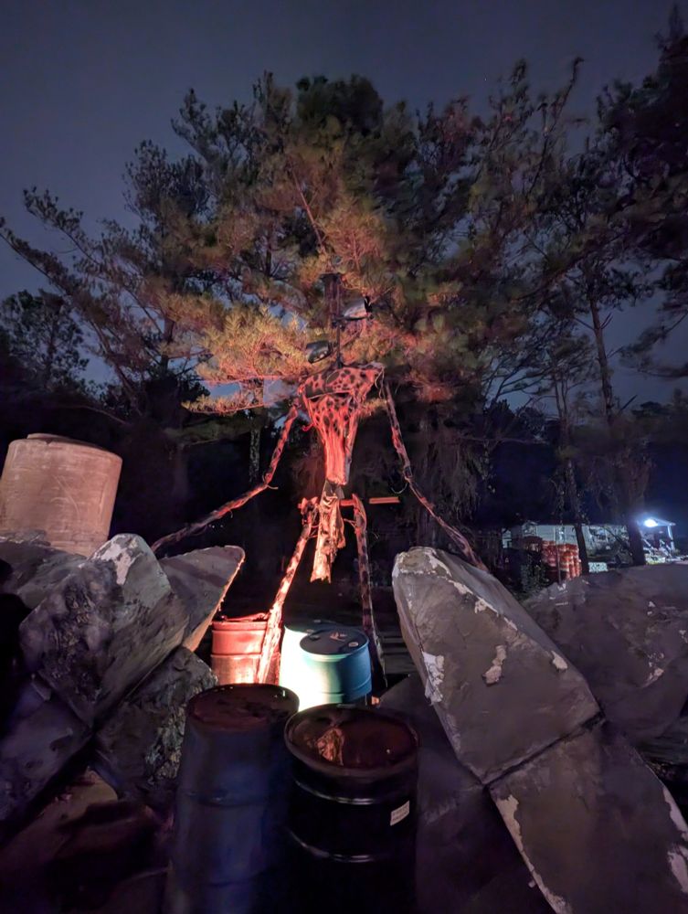 A Sirenhead made from steel tubing and other metal scrap as a part of the outdoor displays at Netherworld Haunted House.