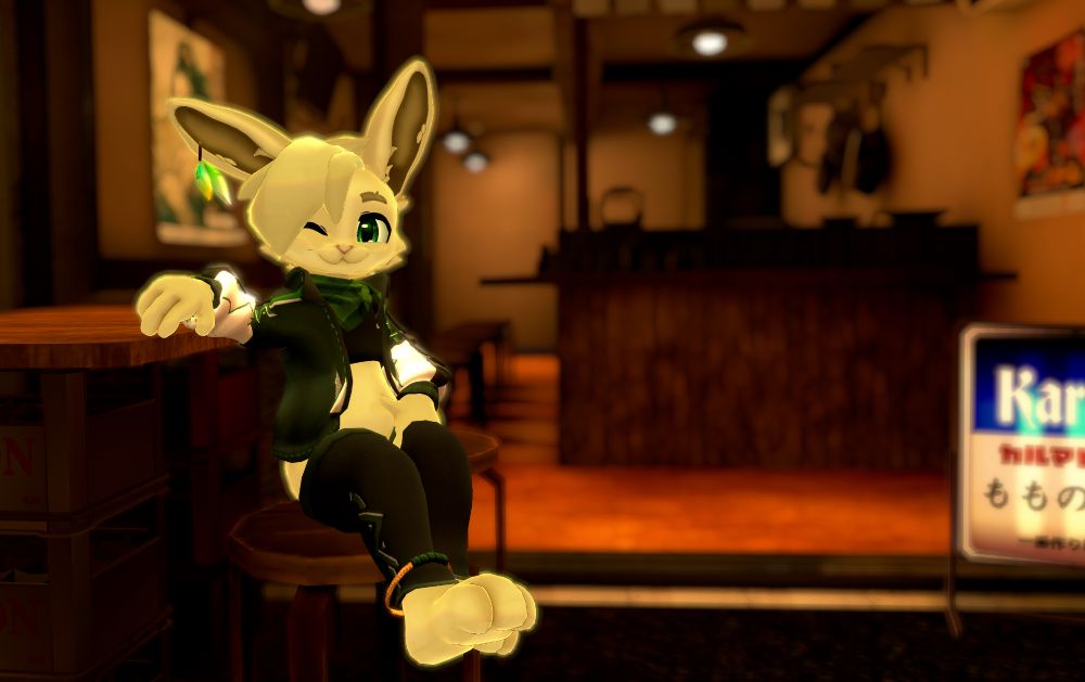 VRChat Nakuri Bunny avatar sitting in a japanese city alley, winking.