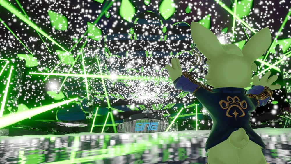 VRChat Screenshot of Club F.Y.N.N with Nakuri dancing and vibing to a visually stunning stage area with DJs mixing music.