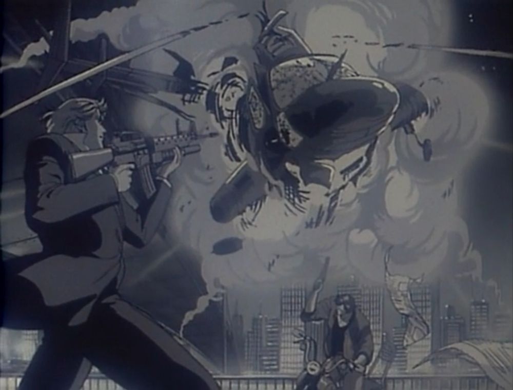 Screenshot from City Hunter 3, episode 12. Black and white scene of one man with a machine gun and another man on a motorcycle with a handgun, both guns pointed up at the sky where a nearby helicopter is exploding.