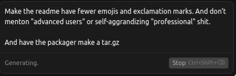 A Cursor prompt where I'm telling claude to tone it the fuck down in a readme file