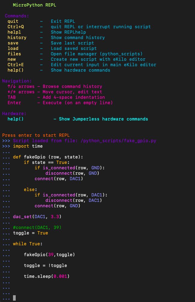 Showing the Jumperless's Micropython REPL with syntax highlighting