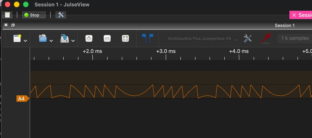 Output from me trying to get jumperless to work with pulseview where the upper bits from the analog measurements are missing, looking like a cross section from a frensel lens