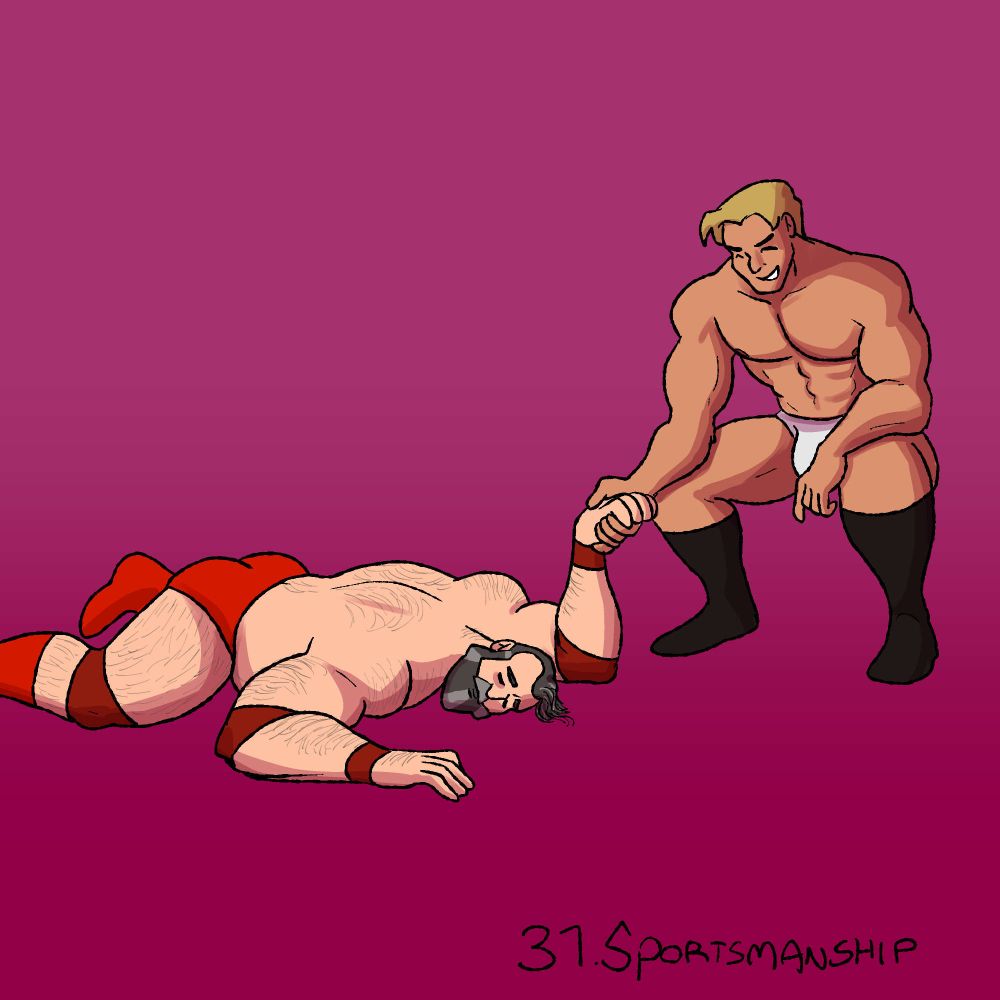 a successful wrestler shakes the limp hand of his defeated former coach.