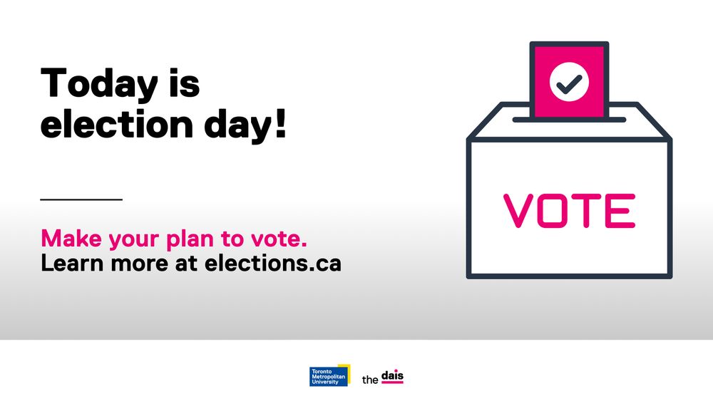 An illustrated ballot box with the word VOTE and the text Today is election day! Make your plan to vote. Learn more at elections.ca