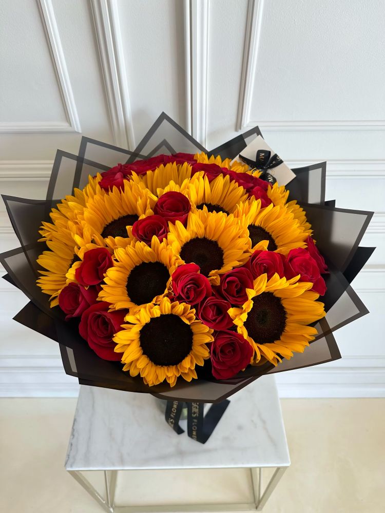 sunflower + red roses bouquet 