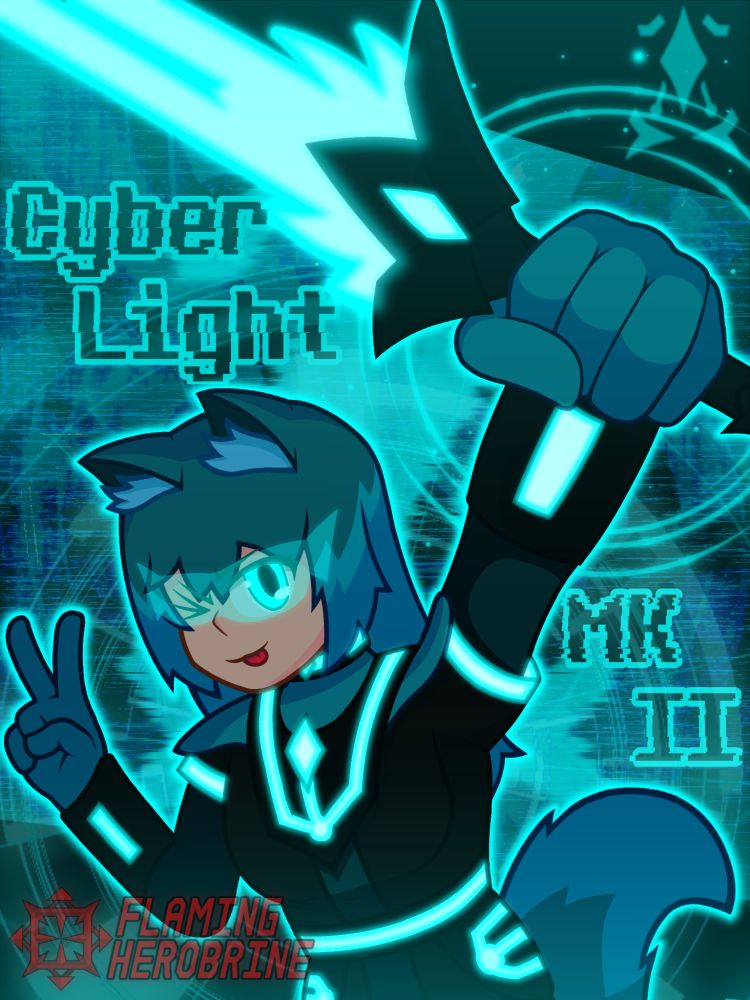 A human looking wolf girl, dressed in a cyan, black, and neon blue knight uniform. Holding a plasma sword in the air, and giving a peace sign.