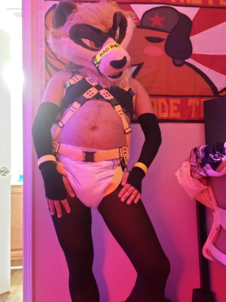 Ferret fursuiter in red lighting next to a red parody communist capybara flag, wearing a diaper, yellow harness and leather wrist straps and collar around muzzle, black arm warmers and thigh highs. Looking seductively down to the viewer