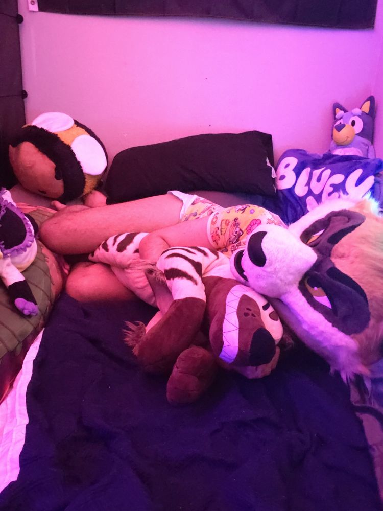 Ferret is now spooning their hyena plush on the side, aftercare