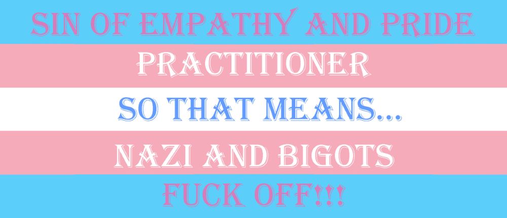 The Transgender Pride flag with wording along the bars reading 'Sin of Empathy and Pride Practitioner, so that means Nazis and Bigots Fuck OFF!!!' on them.