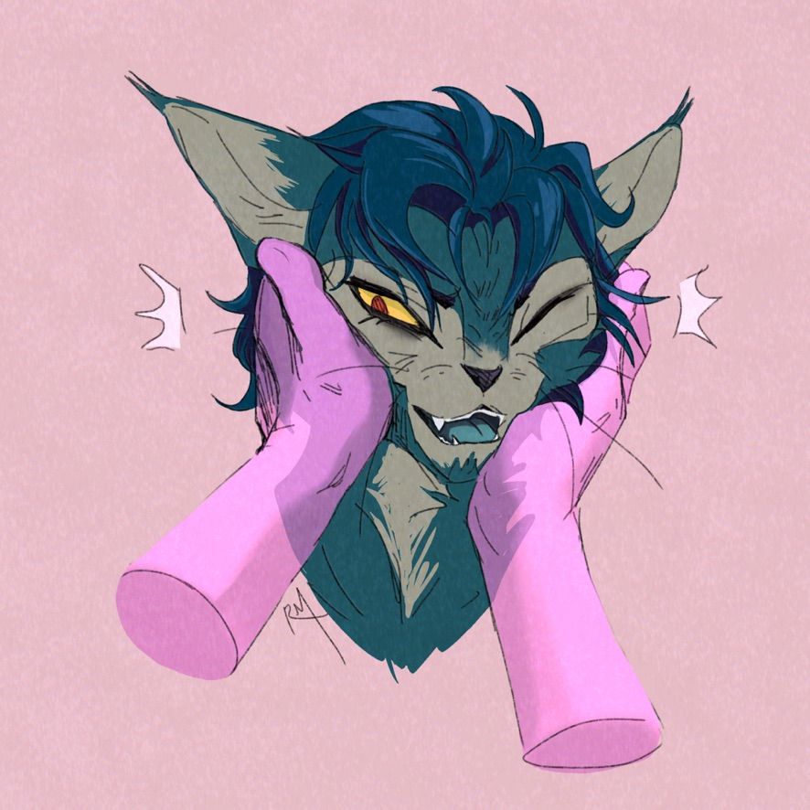 digital POV-style portrait sketch of a teal werewolf cat (lykoi) cat fursona with yellow eyes and blue short wavy hair getting his face gently squished on both sides by two transparent pink hands. He's making a slightly annoyed but silly expression with his mouth open as if light-heartedly complaining about his circumstances. 