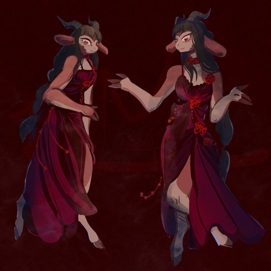 two poses of an anthro goat with long dark hair and brown and white fur. They are wearing a dark red flowing gown with long ribbons and dangling embroidered flower details. In one pose they are turned to the side, and in the other they are facing towards the viewer with open arms and one leg kicked out in front.