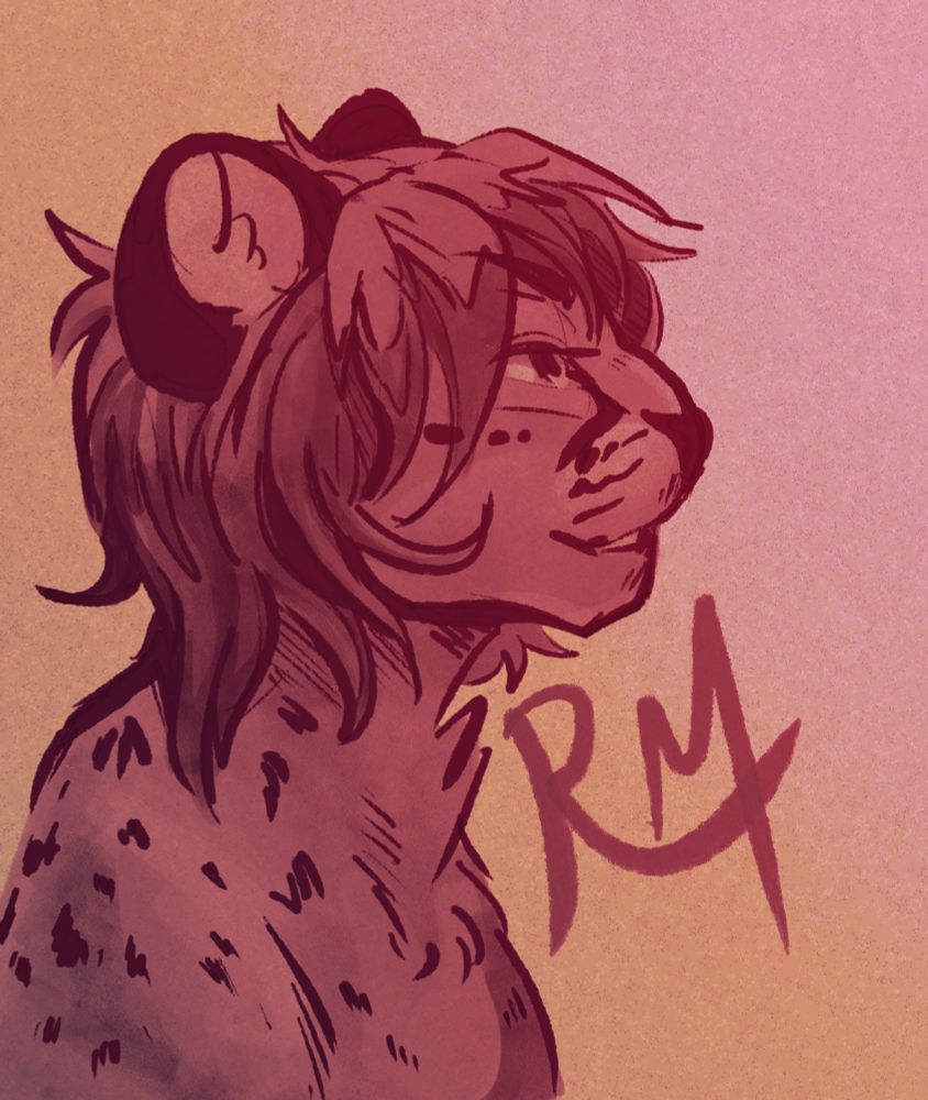 Digital sketch of a cheetah anthro character, profile view. They have a shaggy mullet with darker ends. They smile confidently while looking off into the distance towards the right side of the frame. The palette is a gold and reddish pink ombre.