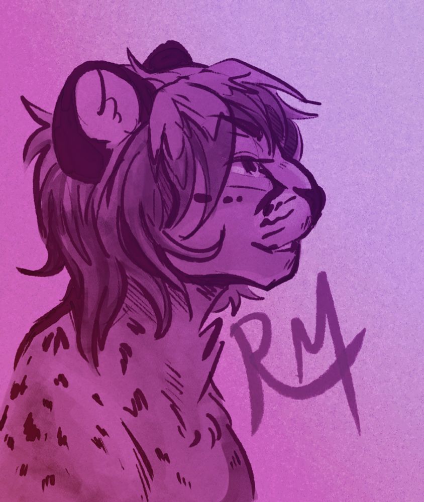 Digital sketch of a cheetah anthro character, profile view. They have a shaggy mullet with darker ends. They smile confidently while looking off into the distance towards the right side of the frame. The palette is a pink and pale purple ombre.
