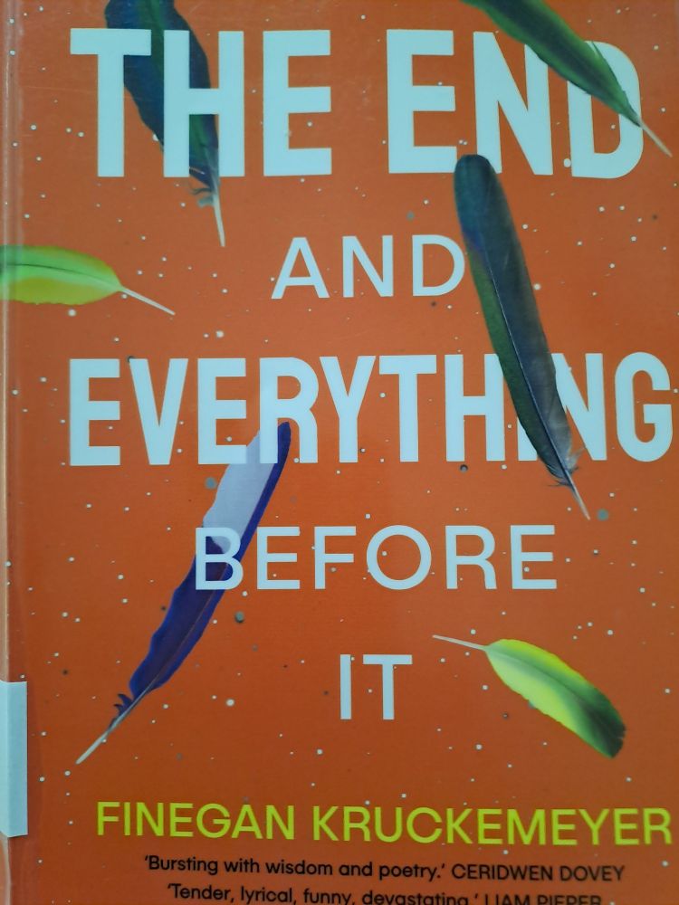 Front cover of novel titled 'THE END AND EVERYTHING BEFORE IT. Cover is burnt orange colour, title is all caps in white. Various feathers scattered across.