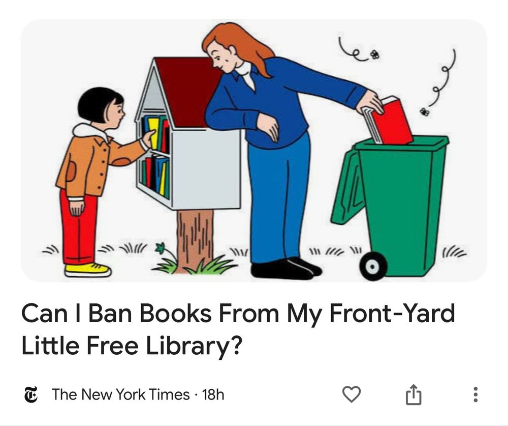 A cartoon of a kid looking at a little free library, someone is throwing a book into the composting bin, when clearly the book is just trash and should go in the correct bin). Text reads can I ban books from my front yard little free library