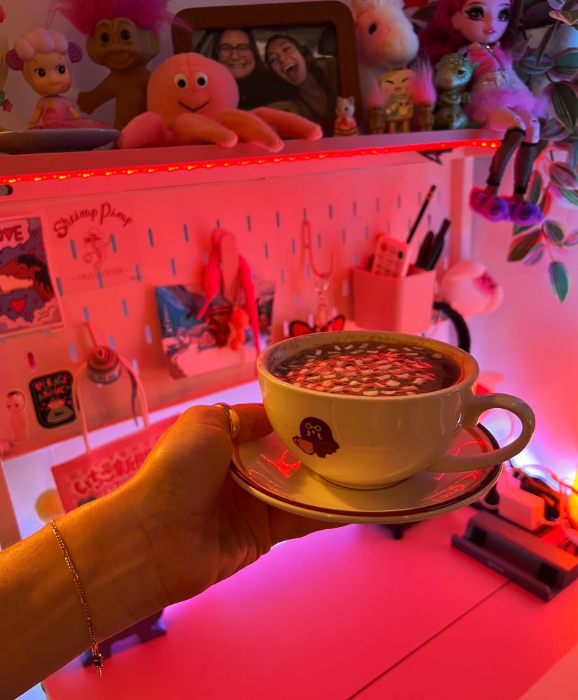 the hot cocoa with the mini marshmallows is in the brewster cup in front of my desk with all my nonsense!!