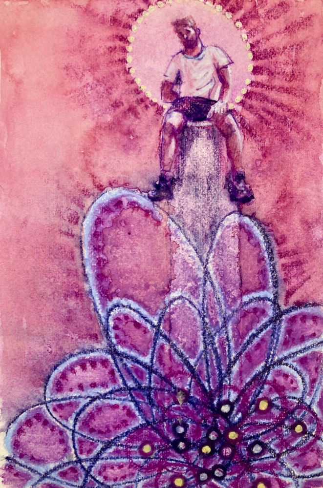 Sketchbook drawing: man in white t-shirt seated on a column, surrounded b a halo, at the base is a spiromandala a round’s yellow orbs