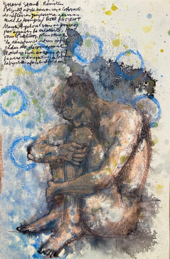 Sketchbook Drawing of a nude man pulling his knees to his chest, before an array of blue circles. Upper left is a block of handwritten text