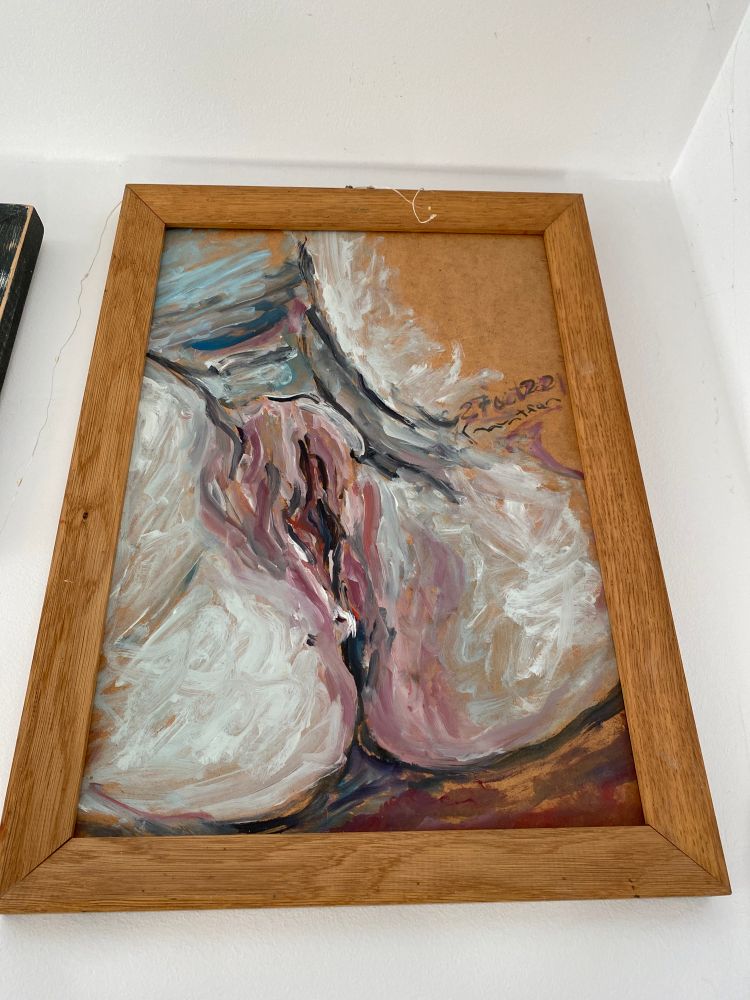 erotic painting depicting female intimate body part, expressed in visible brushstrokes, cold colours- mostly white, a bit of carmine and bluish black . Walnut frame, simple, not too thick 