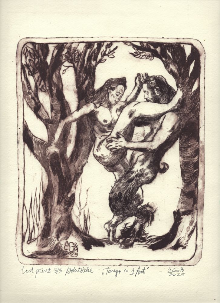 erotic etching- point sèche on PVC sheet depicting a nymph and a satyr making love in the woods - portrait oriented, side view- both facing each other. she's on the left, her right leg lifted on his left shoulder, the other leg tiptoe on the ground, leaning her back on a tree, he's holding her thighs, eyes looking towards penetration point 
