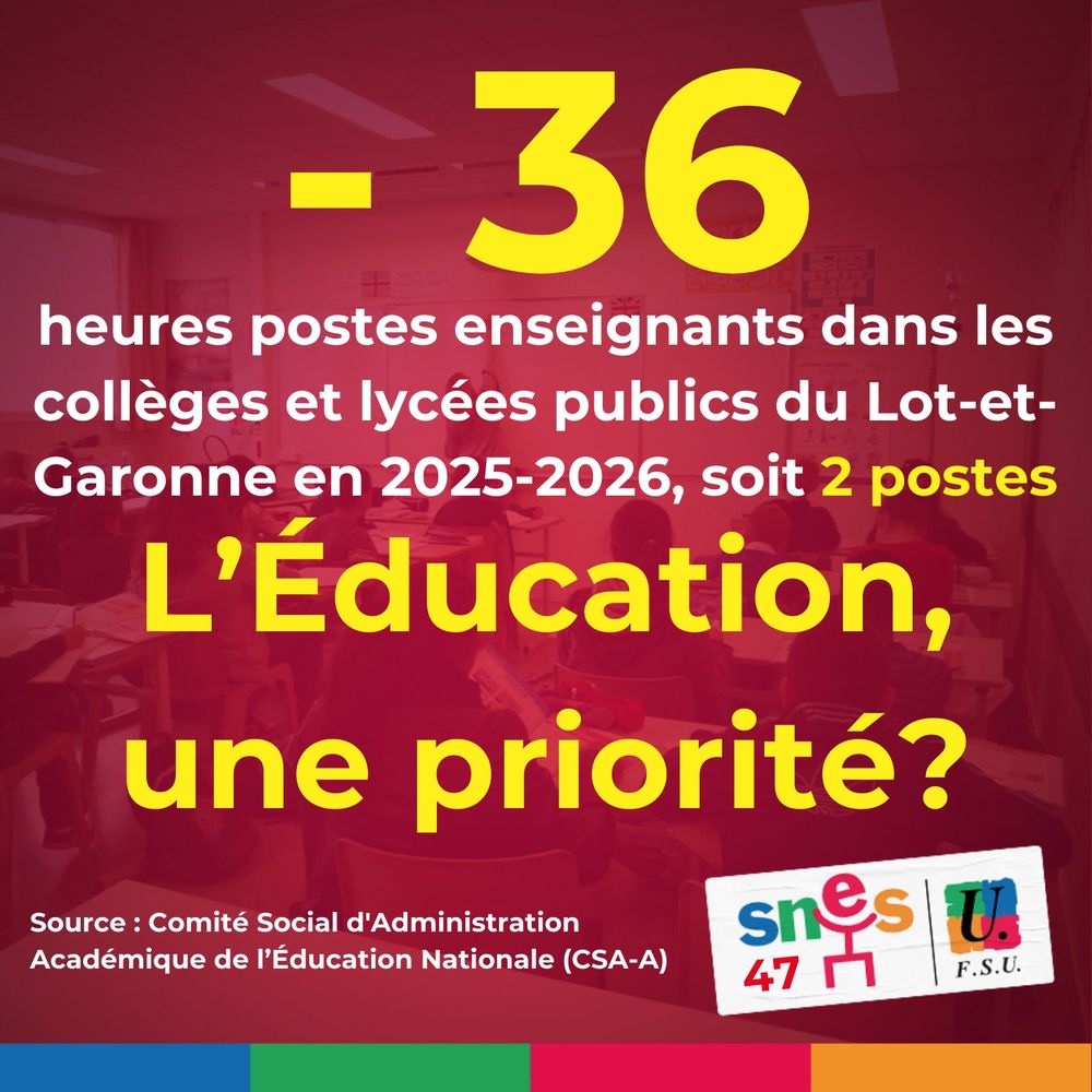 Visuel annonçant la suppression de 36 heures postes d’enseignants (2 postes) dans le Lot-et-Garonne pour la prochaine rentrée. 