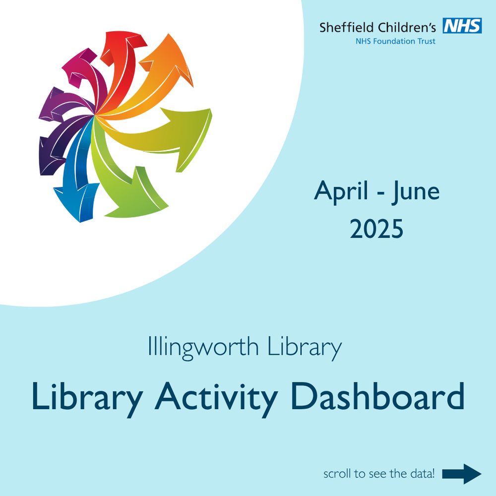 The title image for April to June's library statistics. There is an image of many arrows pointing out (our library logo) and an arrow directing viewers to scroll to the next image.