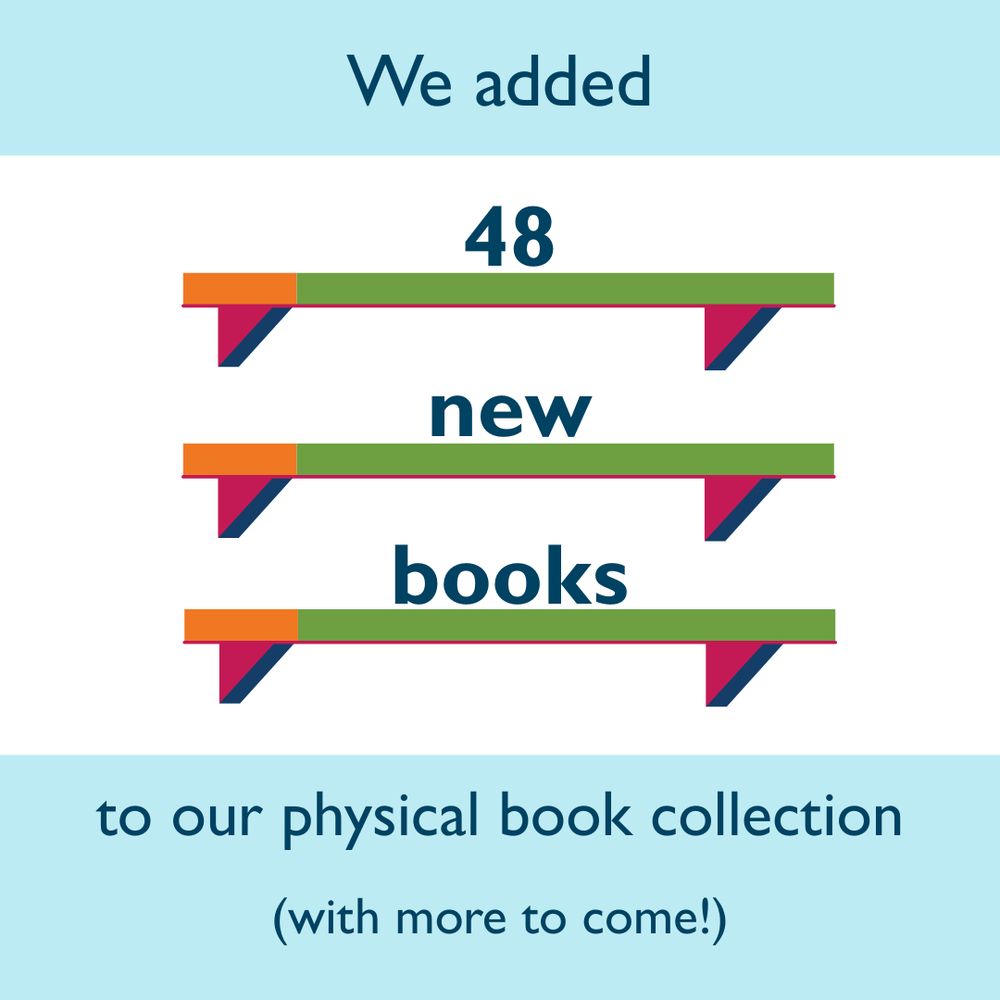 This image shows some empty shelves, and tells the reader that we added 48 new books to our physical book collection (with more to come).
