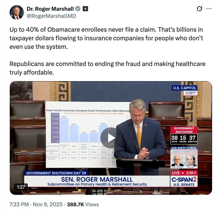 Republican Senator Roger Marshall, a doctor, pretends he doesn't know how insurance works.