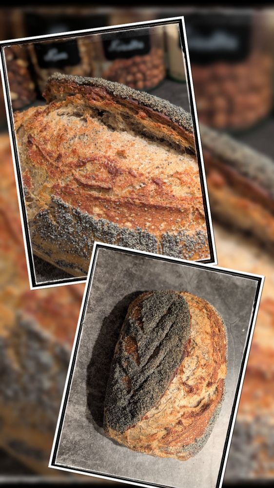 Collage de deux photos du pain aux graines de pavot. Topping aux graines.