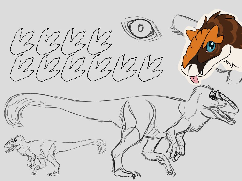 Rough sketch of a ref sheet for yutyrannus character Leaf-Litter. Non-suspicious cartoony drawing of Leaf-Litter covering a corner of the sheet for non-suspicious reasons why are you asking so many questions huh HUH you didn’t see NOTHIN