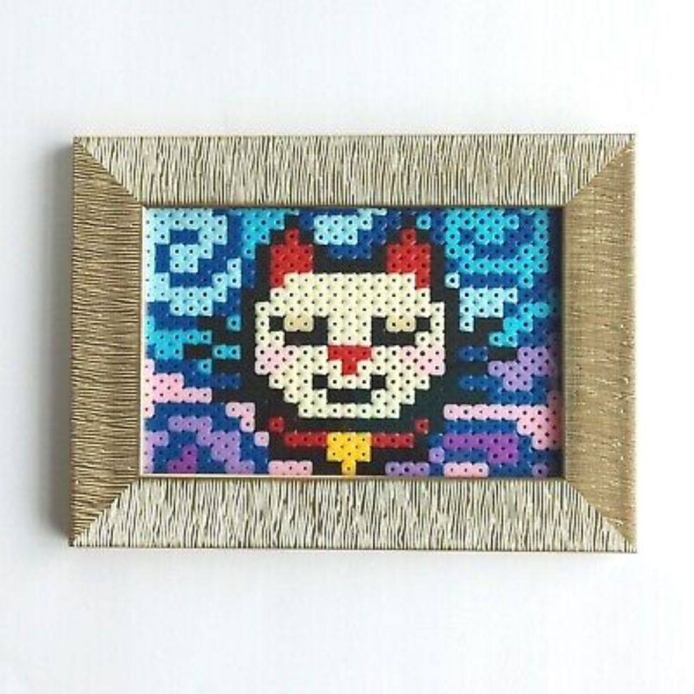 Lucky Cat Golden Framed Pixel Art Happy Maneki Neko Pawtrait Beaded Picture  | eBay