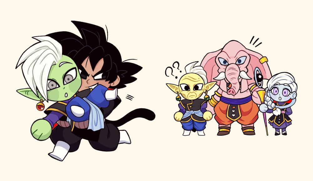 A chibi drawing of Goku Black running off with Zamasu in his arms. In the background, Gowasu, Rumsshi, and Kusu look confused.