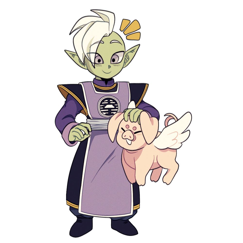 Chibi drawing of Zamasu from Dragon Ball Super with warm colors. He's a wearing lower Kai outfit, including a long mauve sash with a Kai symbol on the front. He's smiling and petting a small winged pig floating in the air beside him.