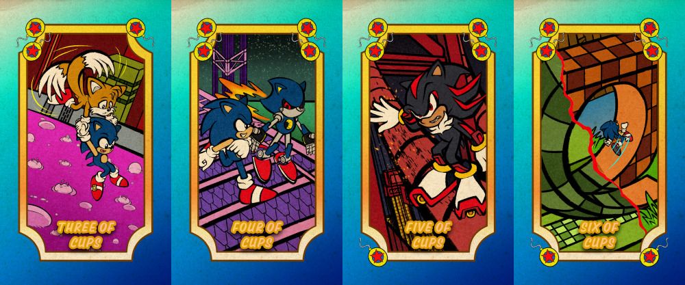 The Three of Cups, Four of Cups, Five of Cups, and Six of Cups from SONIC THE TAROT. Respectively featuring Sonic and Tails flying over an acid pit in Chemical Plant Zone, Sonic and Metal Sonic racing on Stardust Speedway, Shadow grinding along the bridge cable in Radical Highway, and Sonic running through the loop in Green Hill Zone/Game Land.