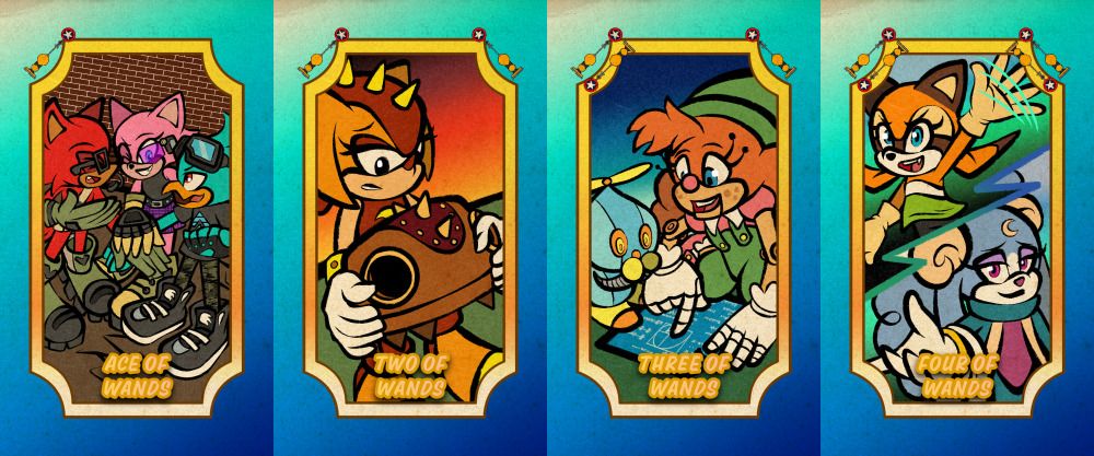 The Ace of Wands, Two of Wands, Three of Wands, and Four of Wands of SONIC THE TAROT. Respectively featuring three Avatars (Gadget, Fuchsia, and Corvin) in a team huddle, Trip contemplative gazing at her helmet, Belle showing Omochao a blueprint, and Marine and Ariem greeting the viewer.