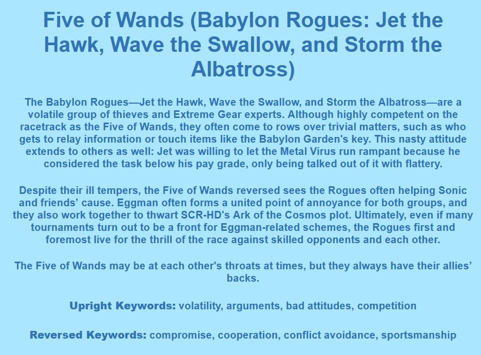 Five of Wands (Babylon Rogues: Jet the Hawk, Wave the Swallow, and Storm the Albatross)

The Babylon Rogues—Jet the Hawk, Wave the Swallow, and Storm the Albatross—are a volatile group of thieves and Extreme Gear experts. Although highly competent on the racetrack as the Five of Wands, they often come to rows over trivial matters, such as who gets to relay information or touch items like the Babylon Garden's key. This nasty attitude extends to others as well: Jet was willing to let the Metal Virus run rampant because he considered the task below his pay grade, only being talked out of it with flattery.

Despite their ill tempers, the Five of Wands reversed sees the Rogues often helping Sonic and friends’ cause. Eggman often forms a united point of annoyance for both groups, and they also work together to thwart SCR-HD's Ark of the Cosmos plot. Ultimately, even if many tournaments turn out to be a front for Eggman-related schemes, the Rogues first and foremost live for the thrill of the race against skilled opponents and each other.

The Five of Wands may be at each other's throats at times, but they always have their allies’ backs.

Upright Keywords: volatility, arguments, bad attitudes, competition
Reversed Keywords: compromise, cooperation, conflict avoidance, sportsmanship