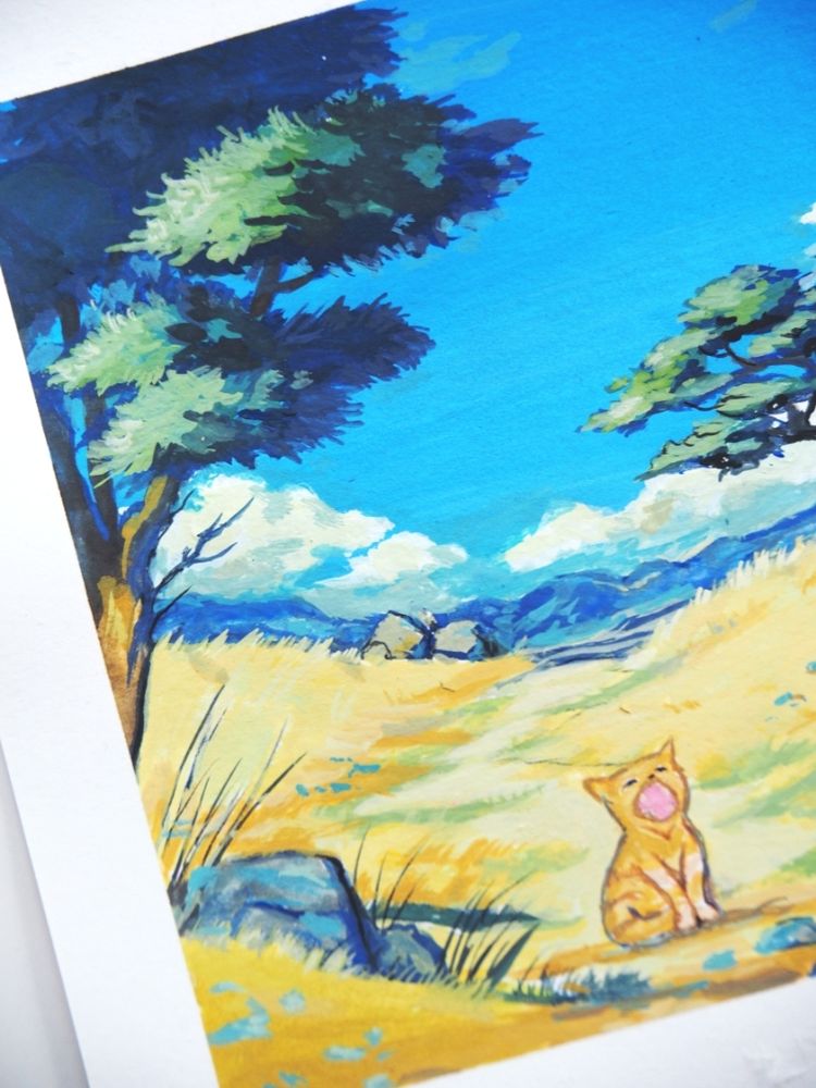 Section of a painting: a cat is sitting on a path and yawning. The landscape is bright and yellow with trees. The horizon shows some mountains.