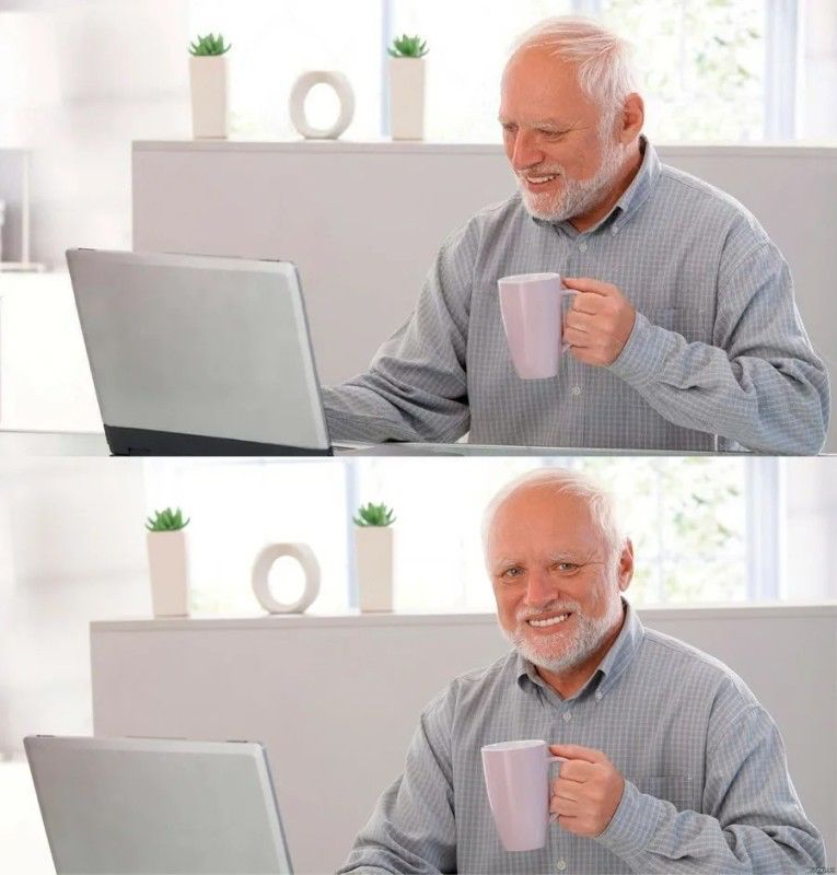 Hide the Pain Harold meme. An older man holding a cup of coffee looks at a laptop screen, then looks up the viewer with a smile that looks like it is hiding emotional pain.