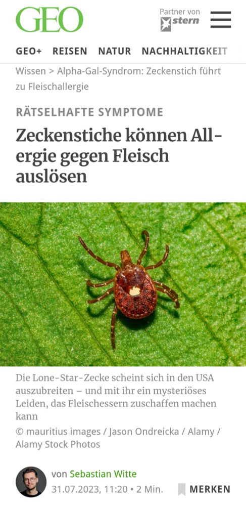 Screenshot GEO:
Rätselhafte Symptome
Zeckenstiche können Allergie gegen Fleisch auslösen.
Ein Bild einer Zecke mit zentralem hellen Punkt auf einem Blatt.
Die Lone-Star Zecke scheint sich in den USA auszubreiten - und mit ihr ein mysteriöses Leiden, das Fleischessern zu schaffen machen kann.
Von Sebastian Witte