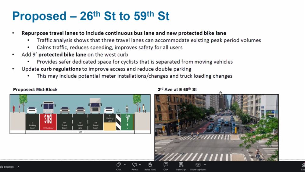 Slide describing a proposed street redesign for 26th Street to 59th Street. The design includes repurposing travel lanes to create a continuous bus lane and a protected bike lane, adding a 9-foot protected bike lane at the west curb, and updating curb regulations to improve access and reduce double parking. It contains a cross-sectional graphic depicting the proposed layout, along with a photo showing a similar street configuration at 3rd Avenue and East 68th Street, highlighting bus lanes, bike lanes, and pedestrian crossings.