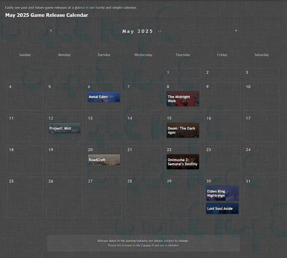A screenshot of a calendar from byte1ife.com showing upcoming games releasing in May of 2025.