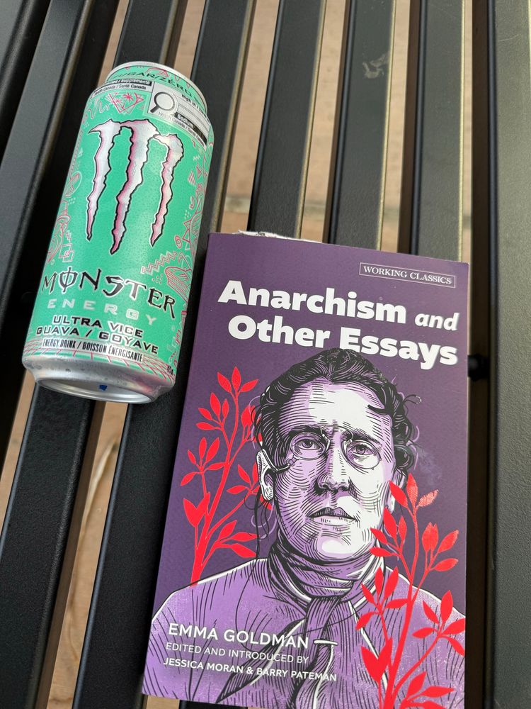 A book (Anarchism and Other Essays by Emma Goldman) sits on a train station bench beside a can of monster.