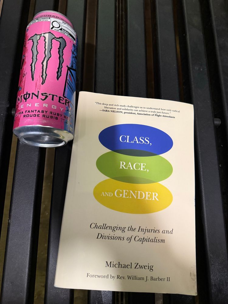 A book (Class, Race, and Gender by Michael Zweig) sits on a train stop bench beside a can of monster.
