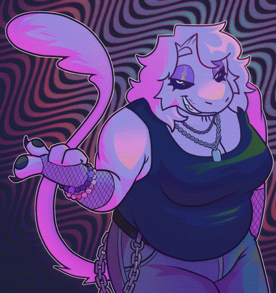 Art of OP's sona, Kord. They are a purple, vaguely-animal anthropomorphic adjacent alien. They are wearing a dark tank top, blue jeans, a silver belt chain, and two chain necklaces as accessories. They are also wearing fishnet fingerless gloves on both hands and two beaded bracelets on their right wrist (the viewer's left). They are pointing to the viewer with their right hand and have a smug expression. The shading of the piece is also exceptionally bright and colorful.