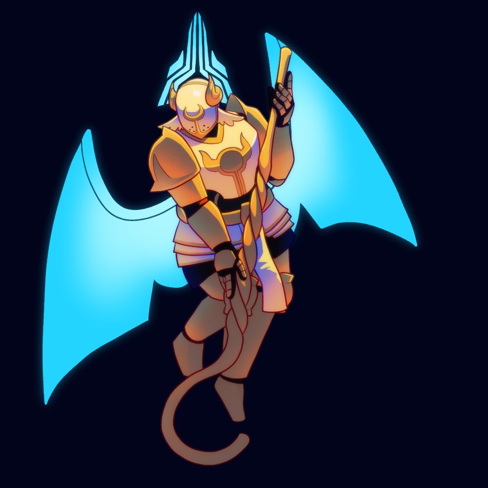 Full body art of OP's OC, Shep. They wear predominantly white and gold full-body armor, including a helmet covering their face. On the helmet is a set of ''laurels" that twist up into a shape that resembles horns. They are holding a large shepherd's crook upside down as if offering it to someone to grab. Behind them are their halo and a large set of wings, both of which are bright luminescent blue and appear to be made of light. The whole piece is shaded dramatically from an above angle.